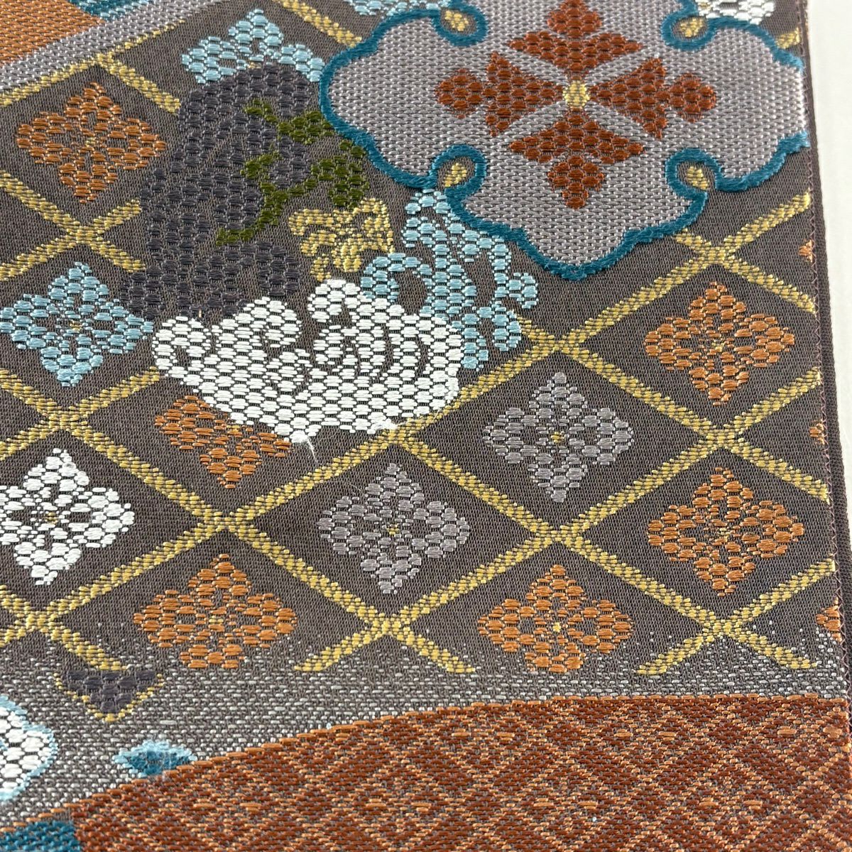【美品】 袋帶 秀品級 扇子 花鳥 茶 六通 純蠶絲