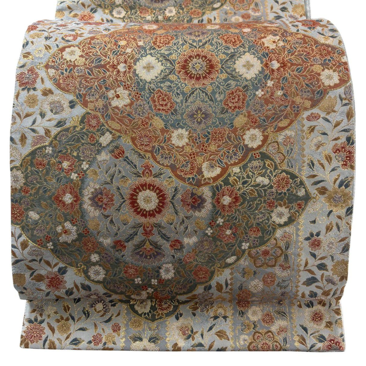 【美品】 袋帶 秀品級 華紋 草花紋 金糸 金金箔 灰白 六通 純蠶絲
