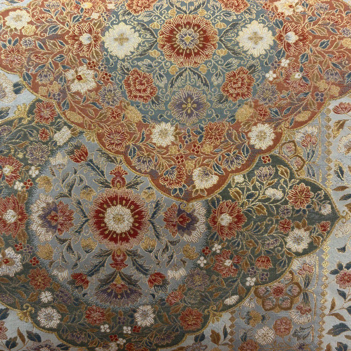 【美品】 袋帶 秀品級 華紋 草花紋 金糸 金金箔 灰白 六通 純蠶絲