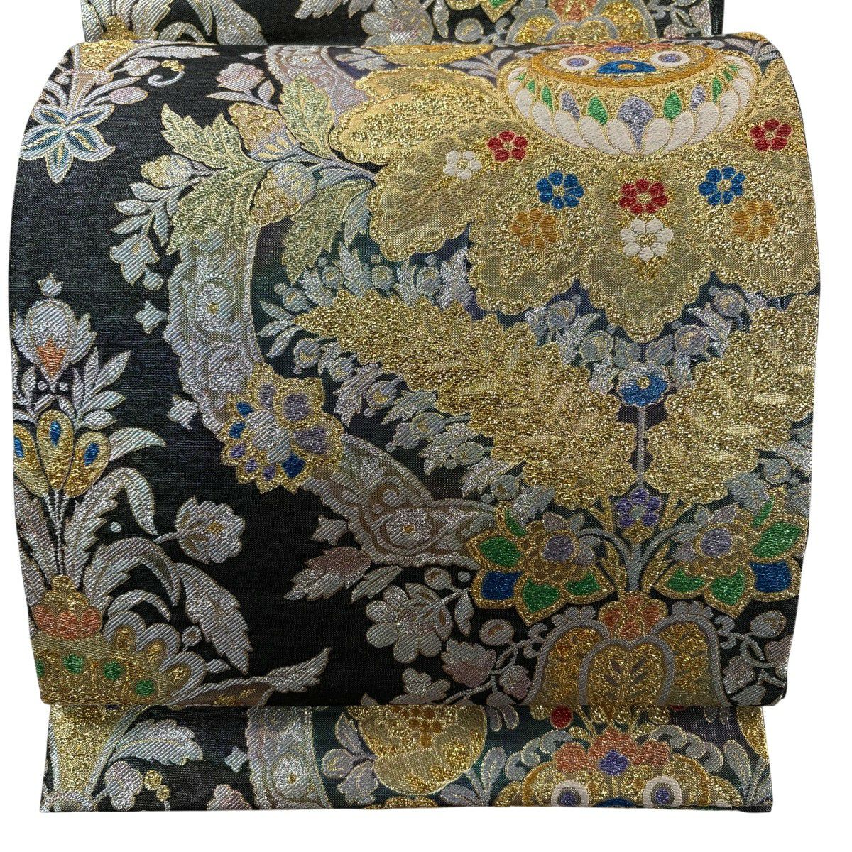 【美品】 袋帶 秀品級 草花紋 金糸 金金箔 深綠 六通 純蠶絲