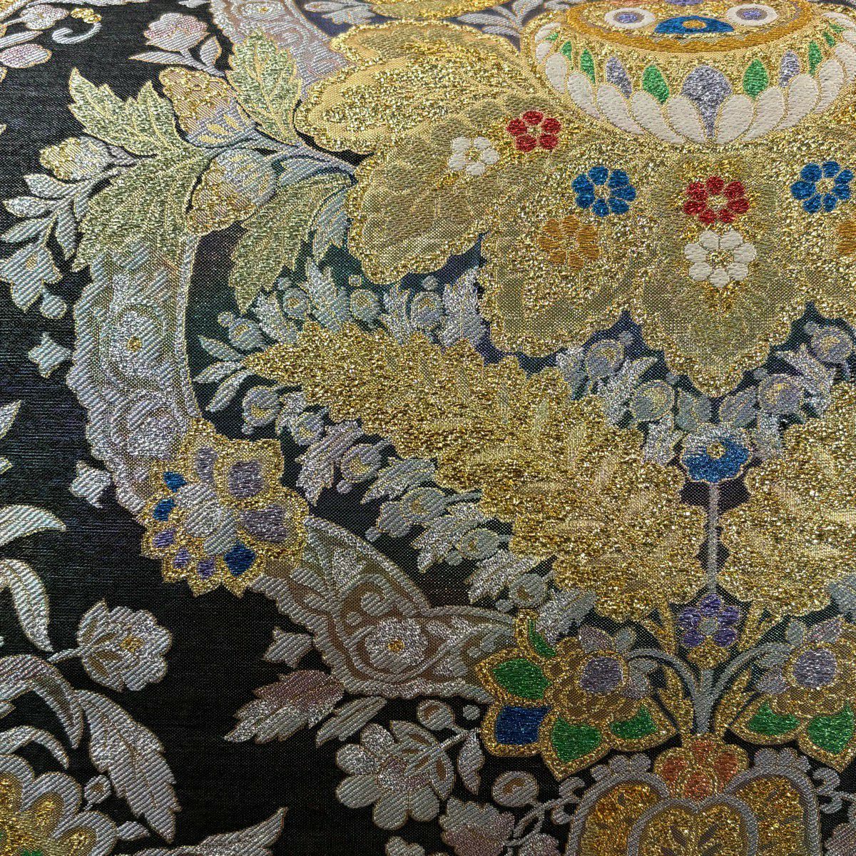 【美品】 袋帶 秀品級 草花紋 金糸 金金箔 深綠 六通 純蠶絲