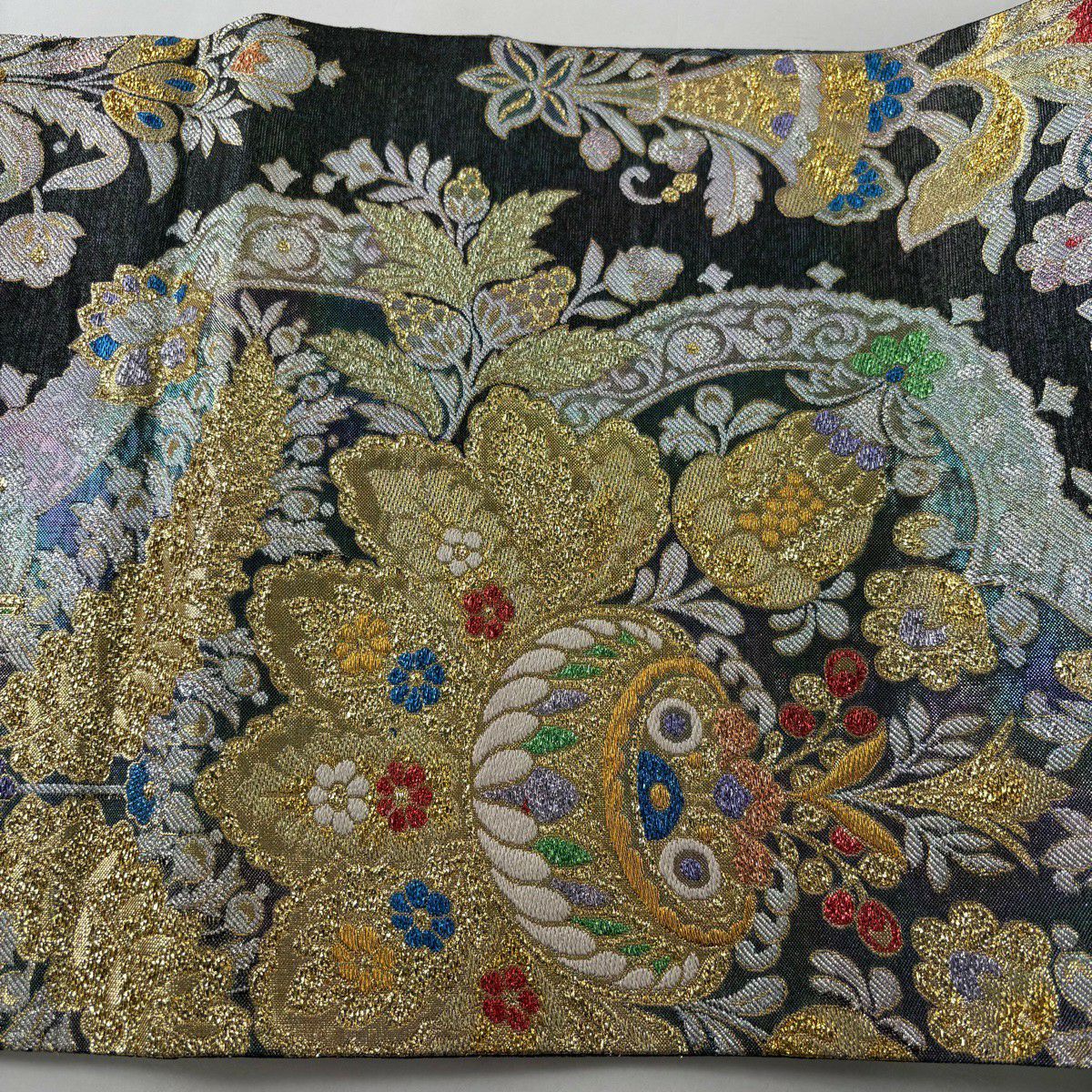 【美品】 袋帶 秀品級 草花紋 金糸 金金箔 深綠 六通 純蠶絲