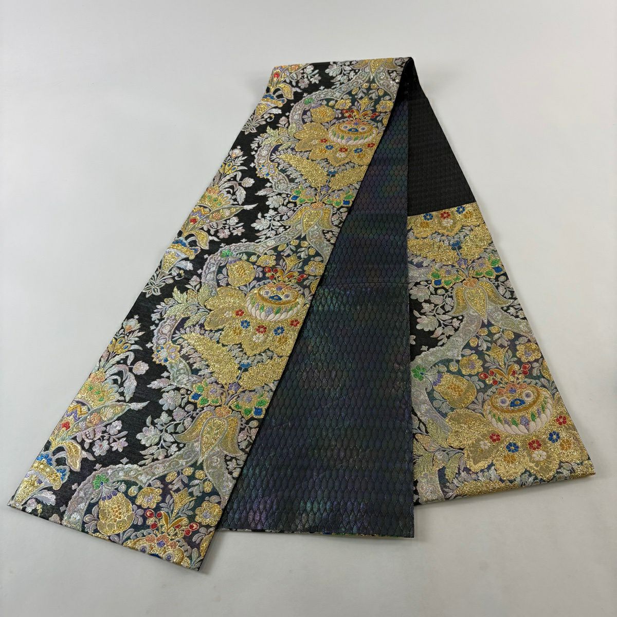 【美品】 袋帶 秀品級 草花紋 金糸 金金箔 深綠 六通 純蠶絲