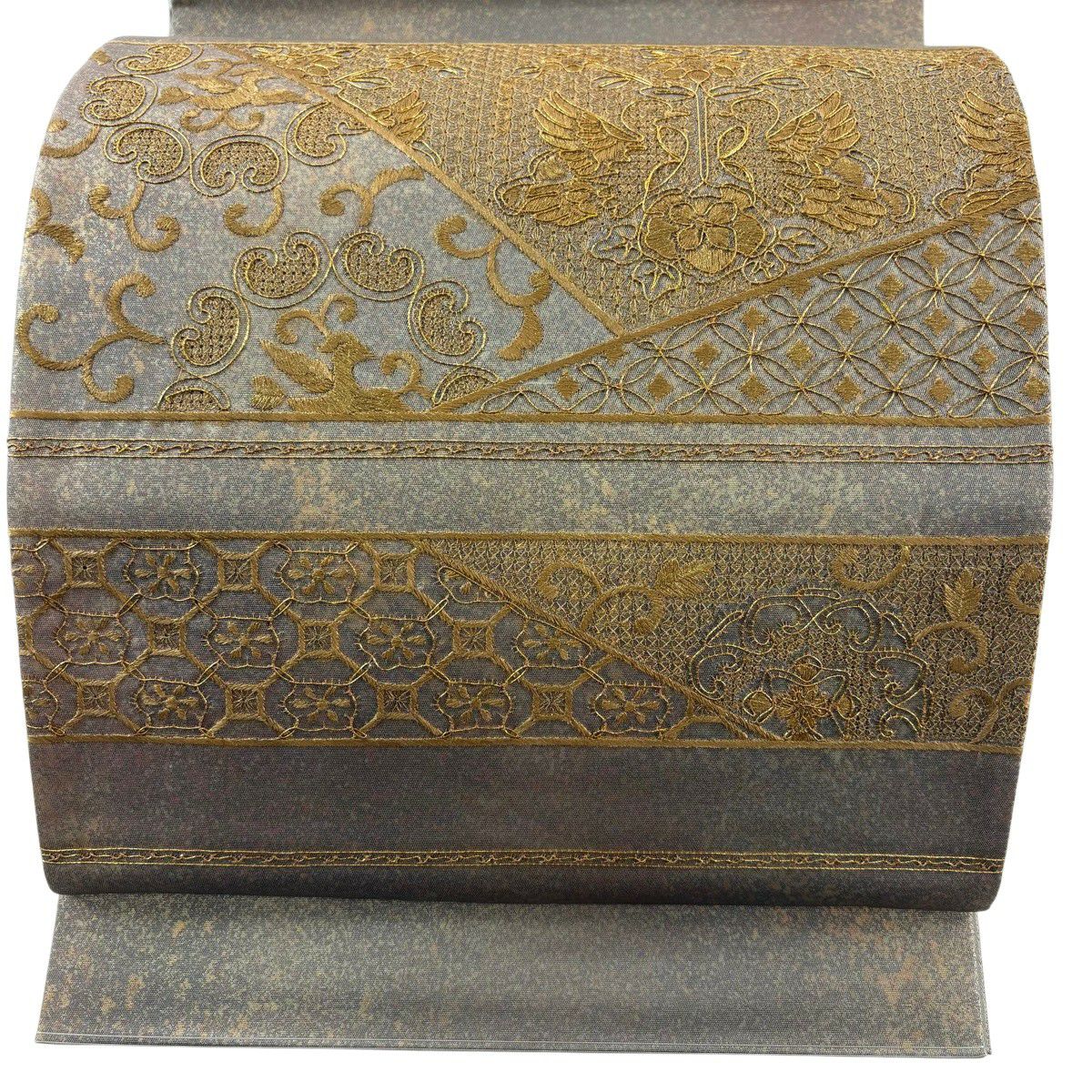 【美品】 袋帶 秀品級 向鳥 花唐草紋 金絲 刺繡 灰綠 お太鼓圖案 純蠶絲