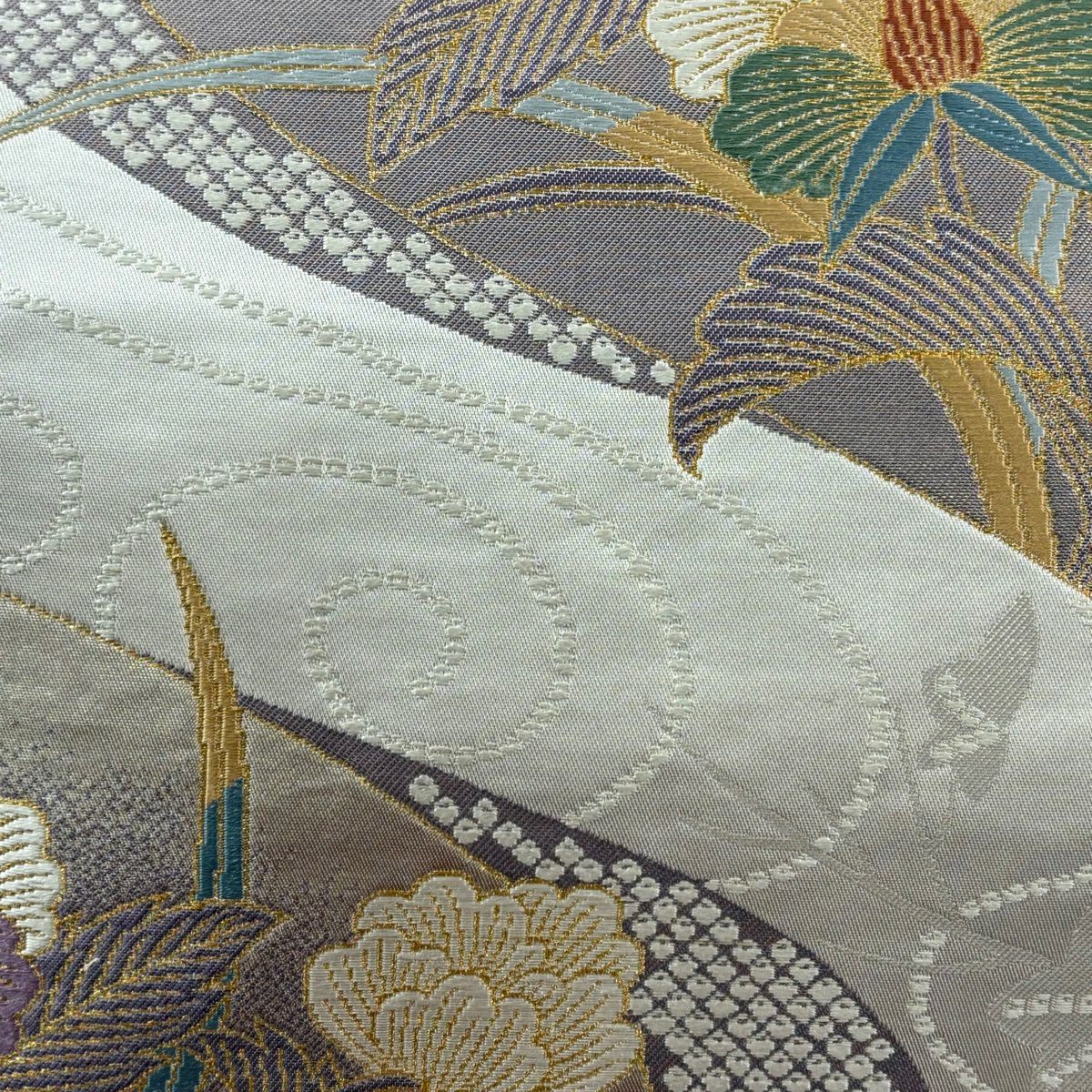 【美品】 袋帶 秀品級 流水能衣文 金糸 金金箔 灰 深藍 六通 純蠶絲