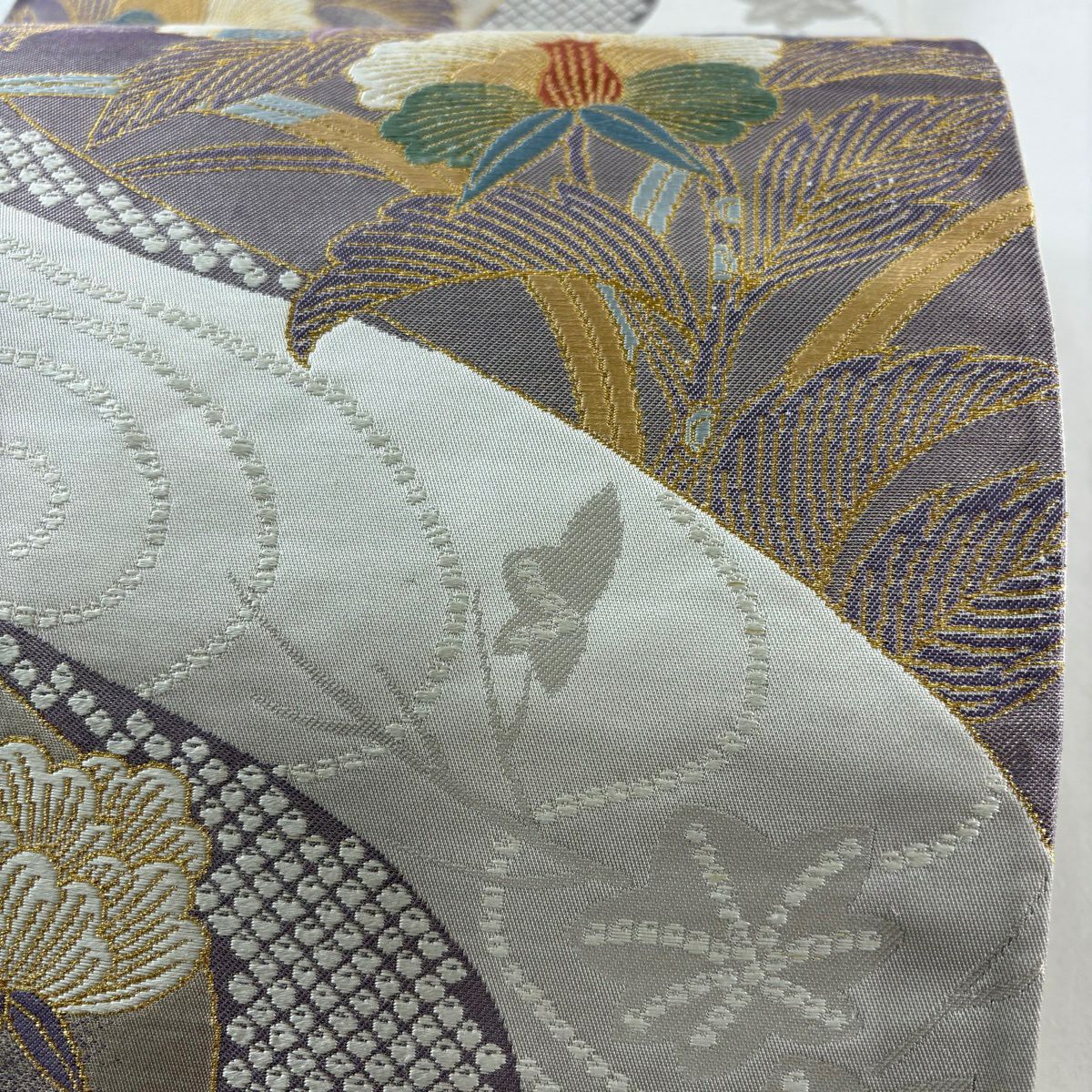 【美品】 袋帶 秀品級 流水能衣文 金糸 金金箔 灰 深藍 六通 純蠶絲