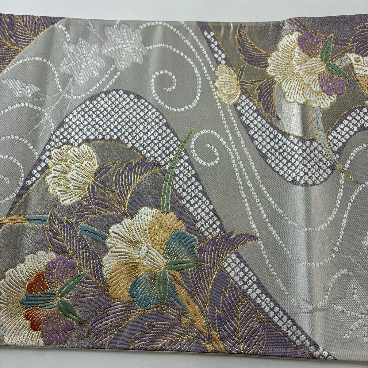 【美品】 袋帶 秀品級 流水能衣文 金糸 金金箔 灰 深藍 六通 純蠶絲