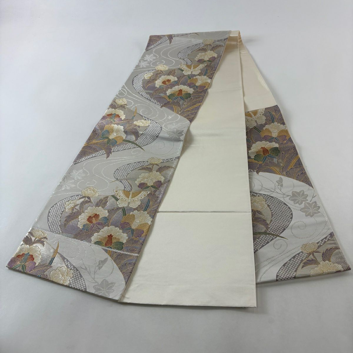 【美品】 袋帶 秀品級 流水能衣文 金糸 金金箔 灰 深藍 六通 純蠶絲
