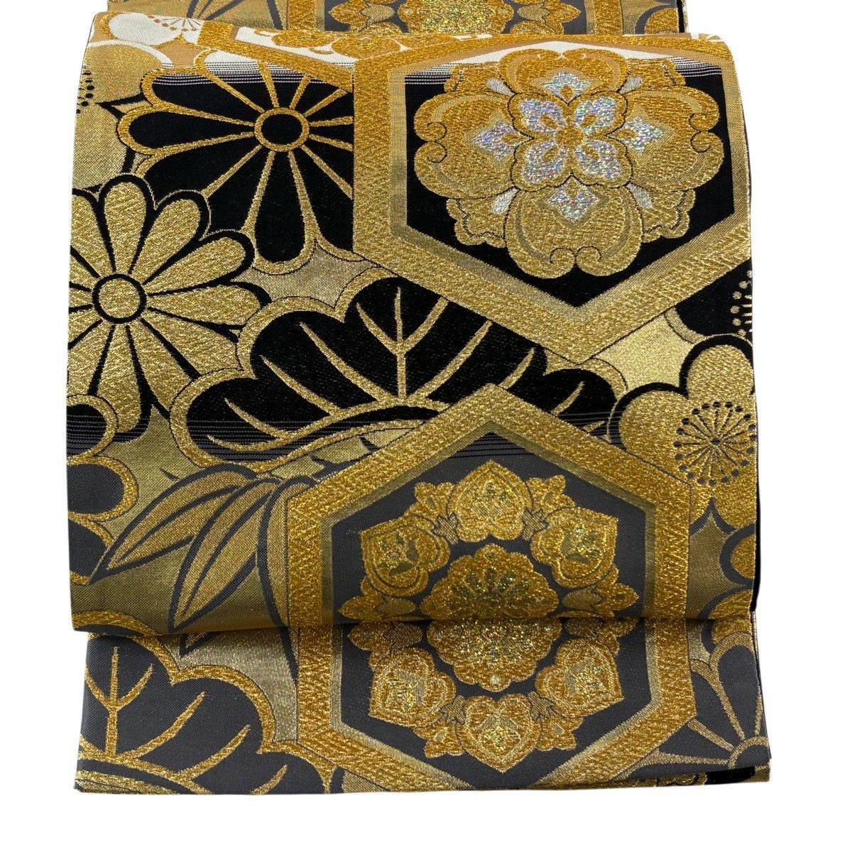 袋帶 秀品級 龜甲 花 金線 金金箔 灰紫 六通 純蠶絲