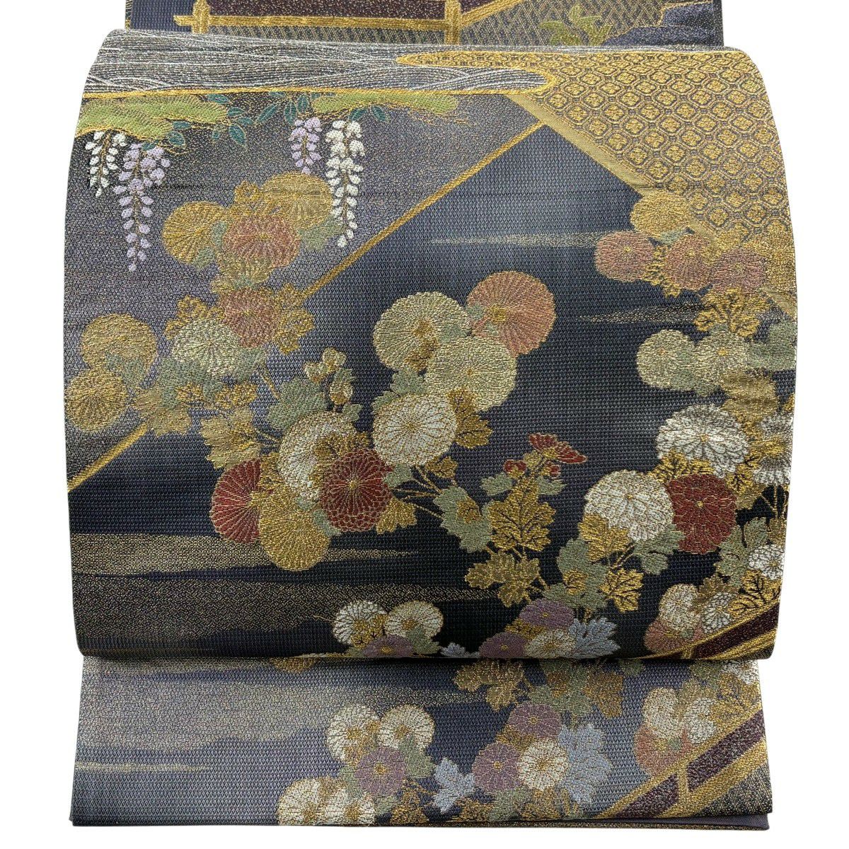 【美品】 袋帶 秀品級 菊花 波 金銀彩 金金箔 灰紫 六通 純蠶絲