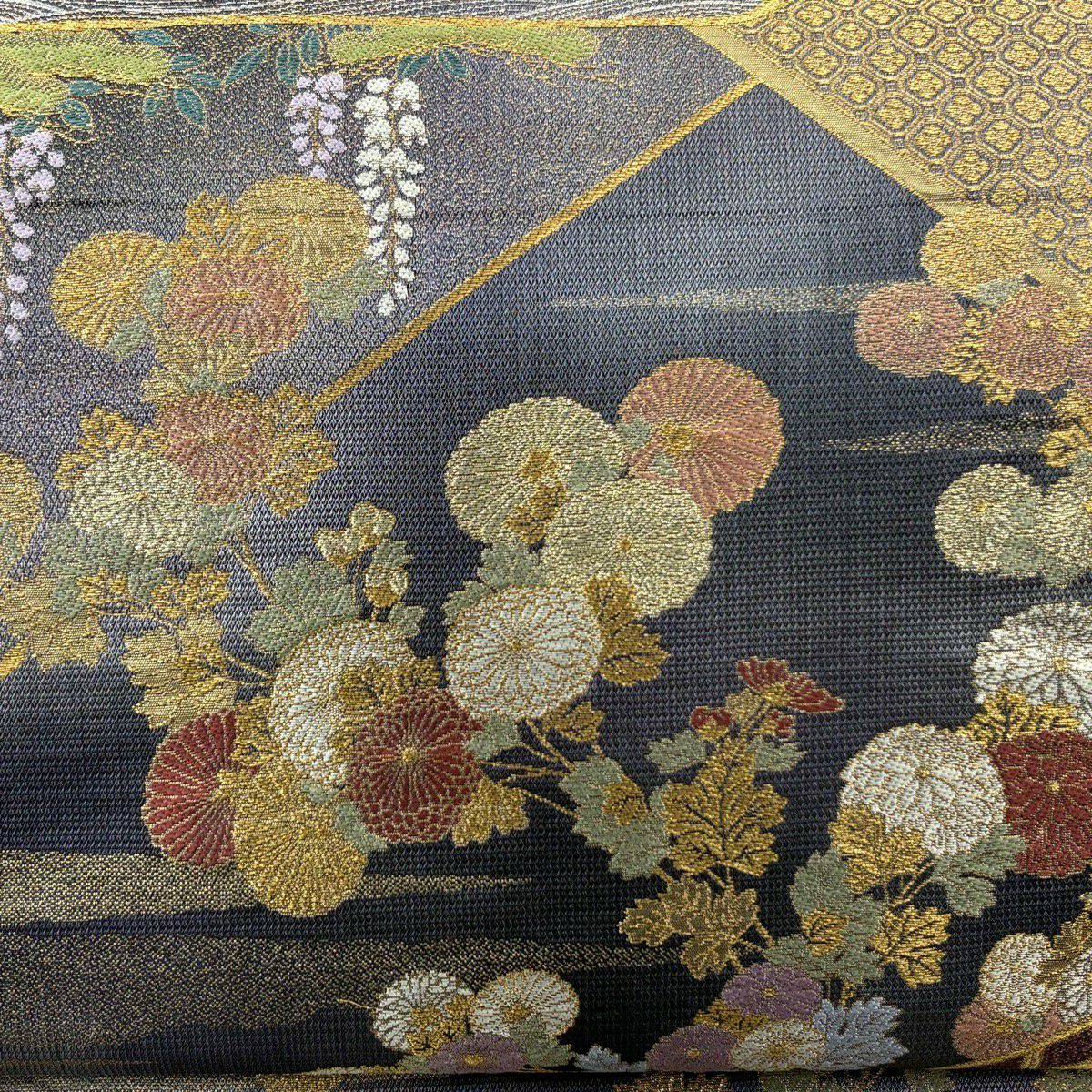 【美品】 袋帶 秀品級 菊花 波 金銀彩 金金箔 灰紫 六通 純蠶絲
