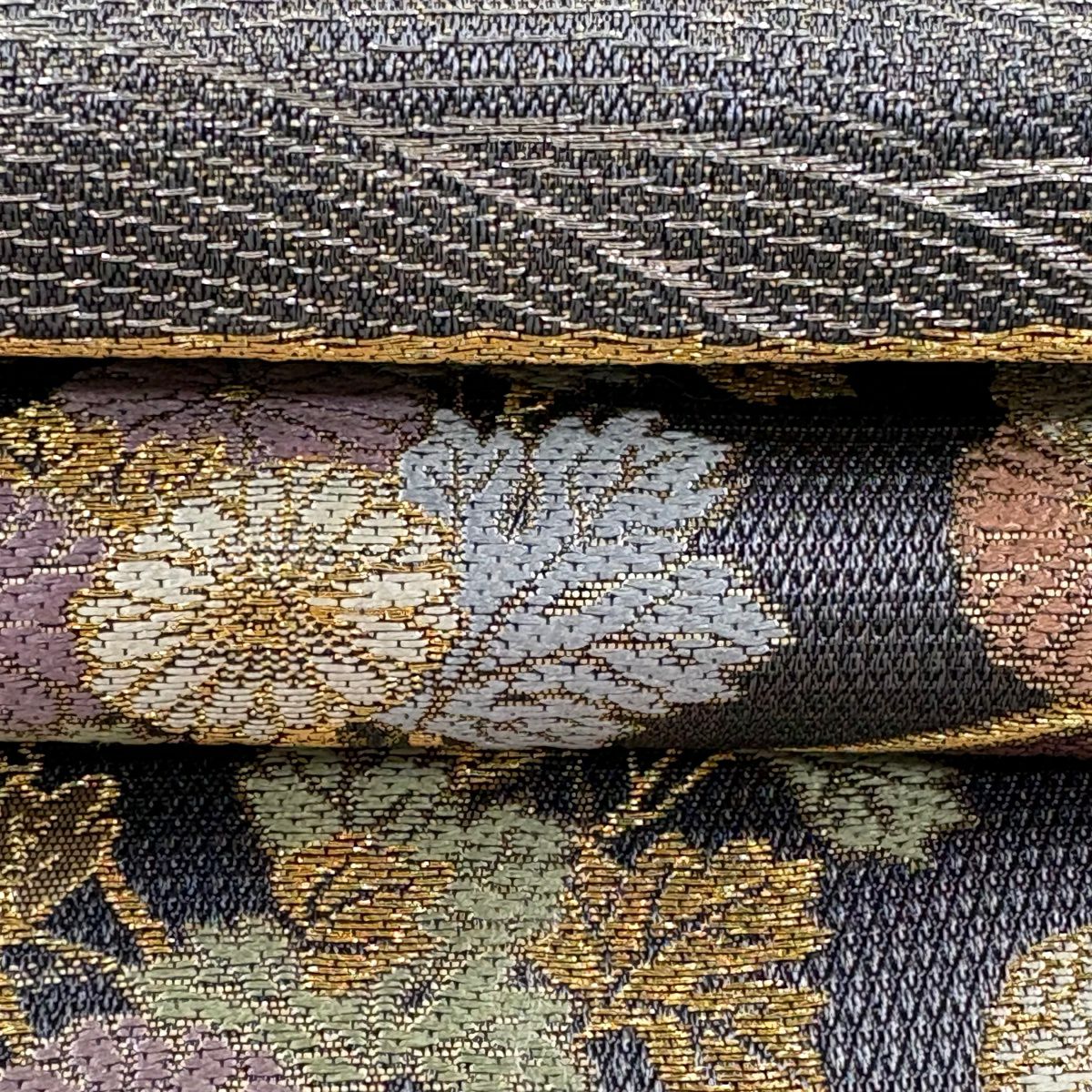 【美品】 袋帶 秀品級 菊花 波 金銀彩 金金箔 灰紫 六通 純蠶絲