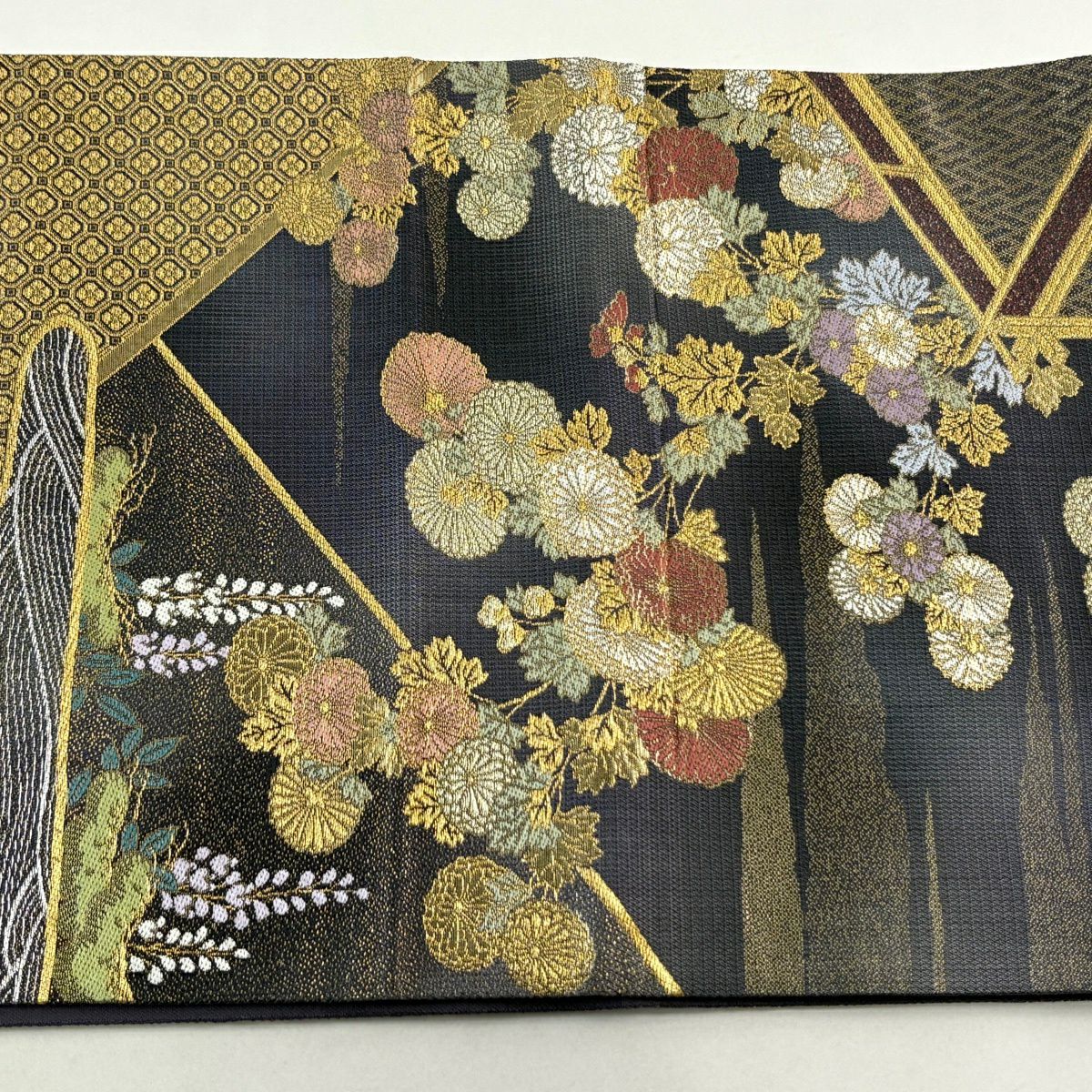【美品】 袋帶 秀品級 菊花 波 金銀彩 金金箔 灰紫 六通 純蠶絲