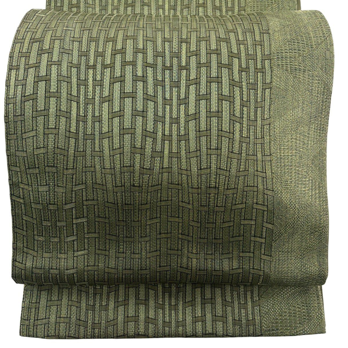 【美品】 袋帶 秀品級 幾何圖案 金絲 灰綠 六通 純蠶絲