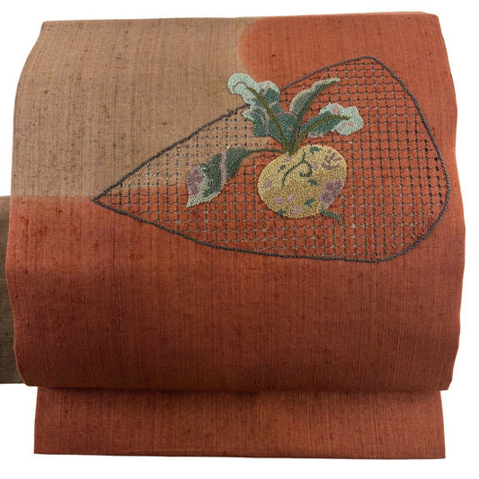 【美品】名古屋帶 優品級 紬織織 罩刺繡 紅茶 純蠶絲