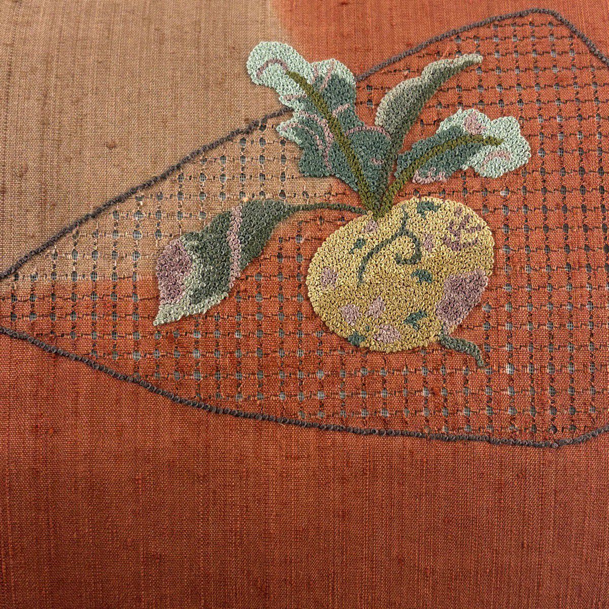 【美品】名古屋帶 優品級 紬織織 罩刺繡 紅茶 純蠶絲
