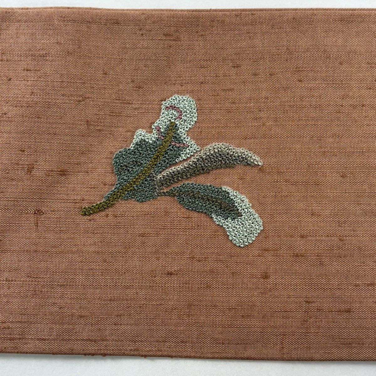 【美品】名古屋帶 優品級 紬織織 罩刺繡 紅茶 純蠶絲