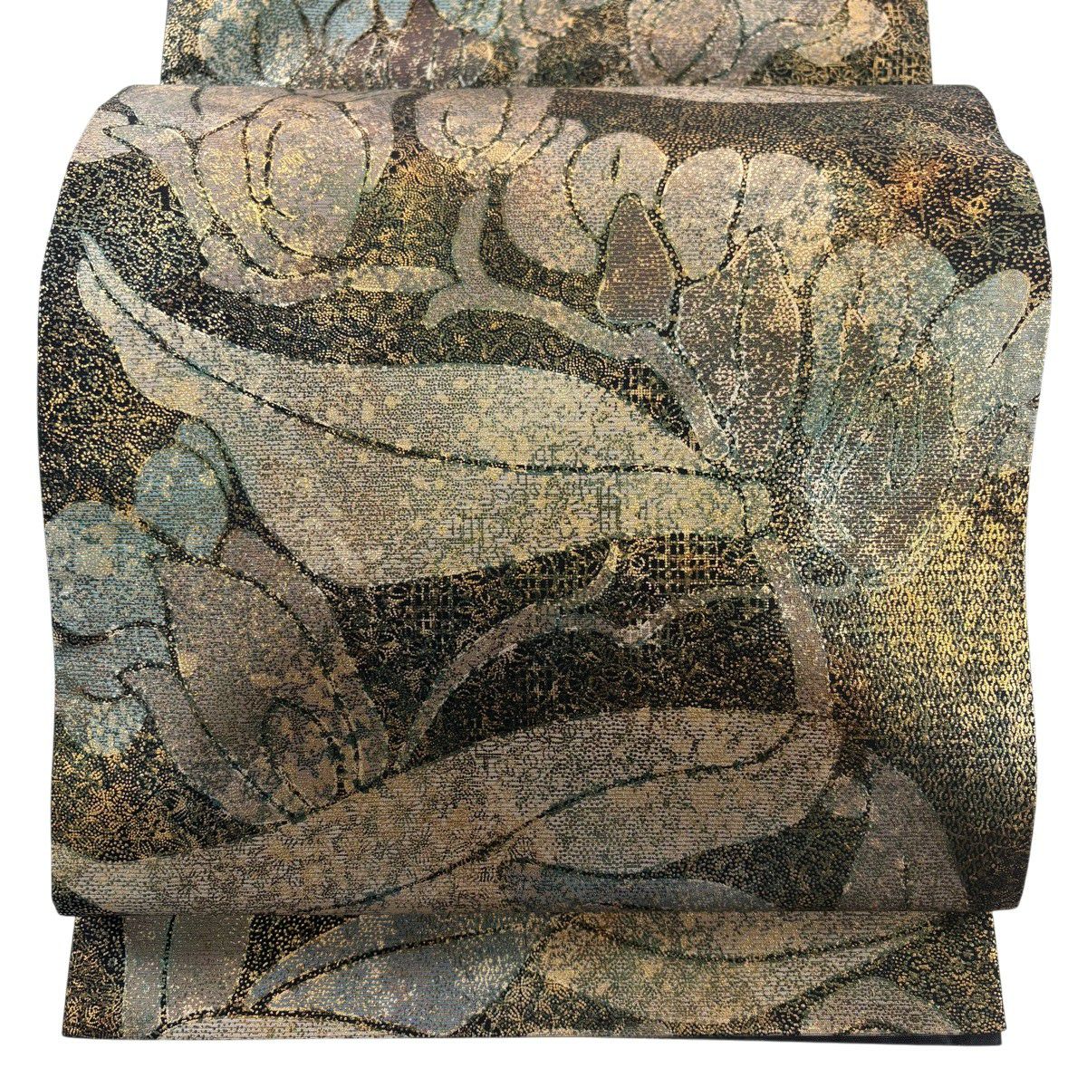 【美品】 袋帶 秀品級 草花紋紋 金銀彩 墨 全通 純蠶絲