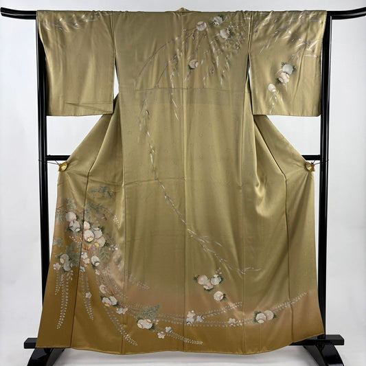 訪問服 身長161.5cm 袖長65.5cm M 雙層 櫻花 蝴蝶 螺鈿 金銀彩 淡黃土 純蠶絲 名品級