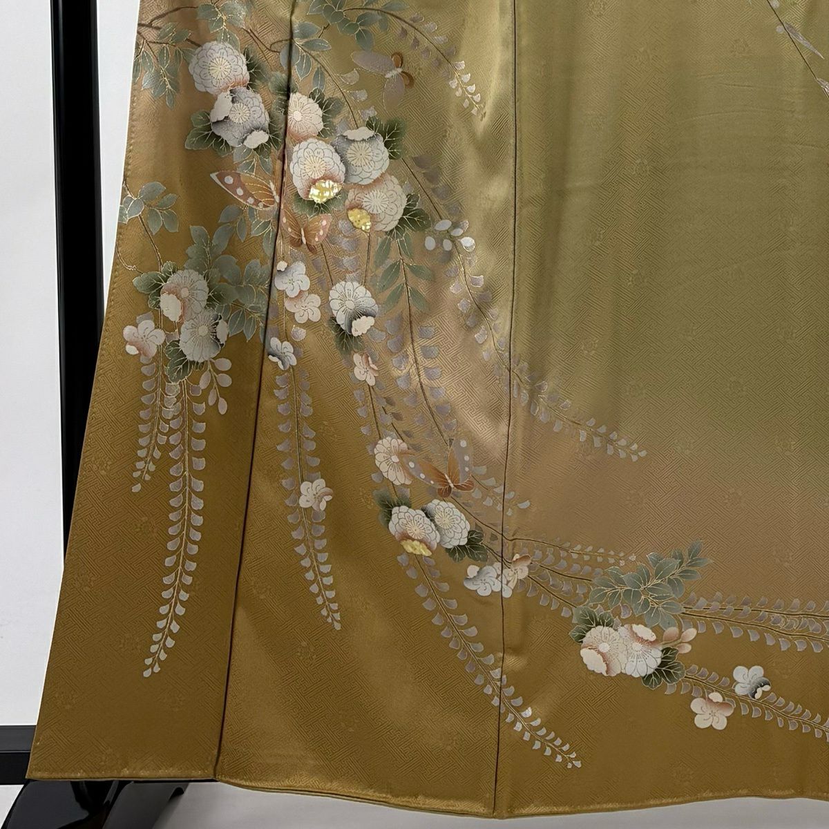 訪問服 身長161.5cm 袖長65.5cm M 雙層 櫻花 蝴蝶 螺鈿 金銀彩 淡黃土 純蠶絲 名品級