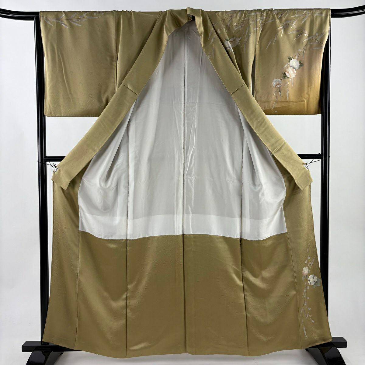 訪問服 身長161.5cm 袖長65.5cm M 雙層 櫻花 蝴蝶 螺鈿 金銀彩 淡黃土 純蠶絲 名品級
