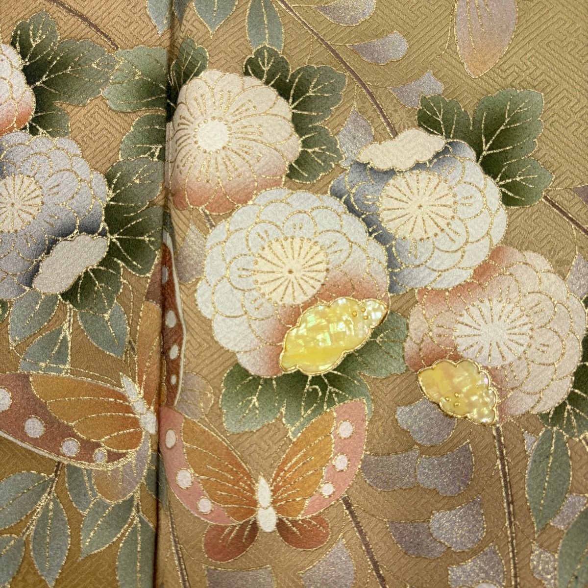 訪問服 身長161.5cm 袖長65.5cm M 雙層 櫻花 蝴蝶 螺鈿 金銀彩 淡黃土 純蠶絲 名品級