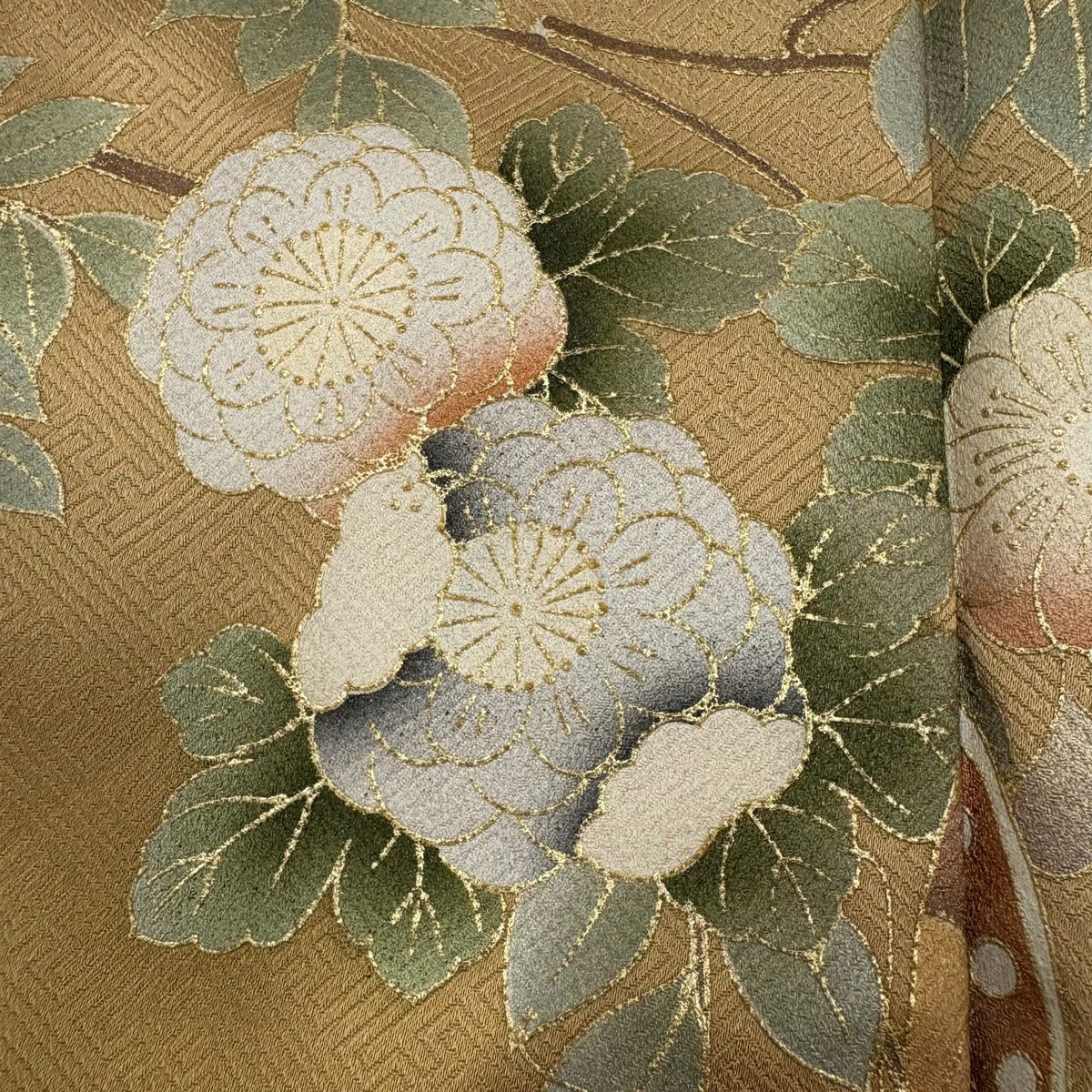 訪問服 身長161.5cm 袖長65.5cm M 雙層 櫻花 蝴蝶 螺鈿 金銀彩 淡黃土 純蠶絲 名品級