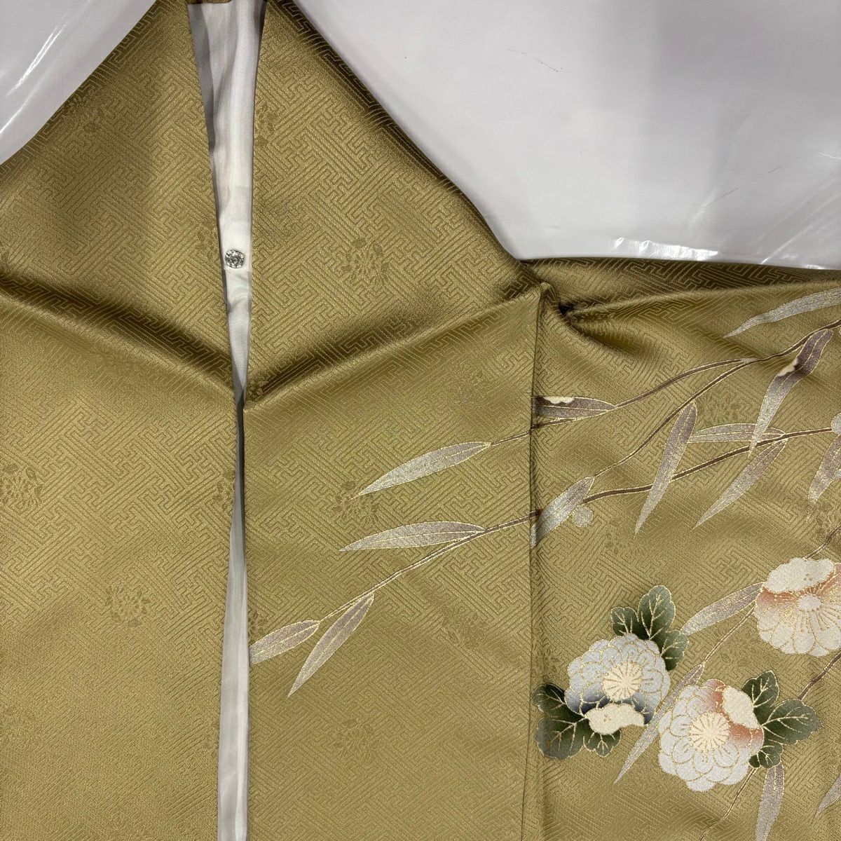 訪問服 身長161.5cm 袖長65.5cm M 雙層 櫻花 蝴蝶 螺鈿 金銀彩 淡黃土 純蠶絲 名品級