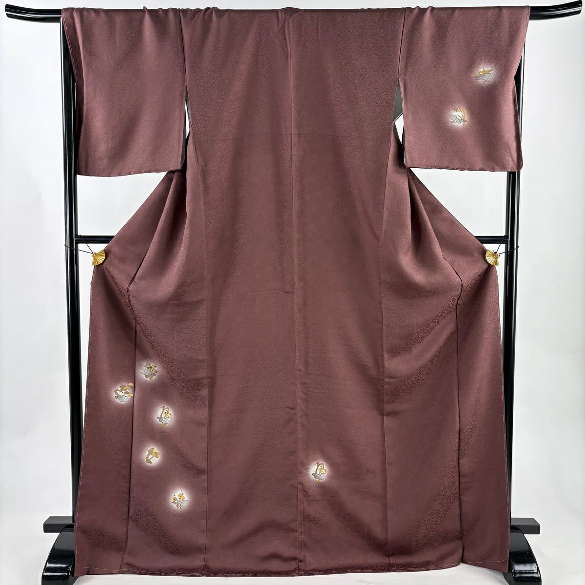付下 身長173cm 袖長68cm L 雙層 仙鶴 松樹梅花 金銀彩 金絲 小豆 深紅 純蠶絲 名品級