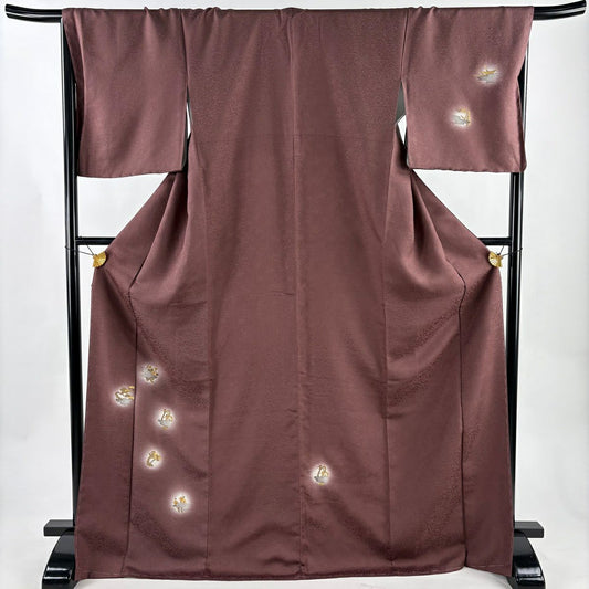 付下 身長173cm 袖長68cm L 雙層 仙鶴 松樹梅花 金銀彩 金絲 小豆 深紅 純蠶絲 名品級