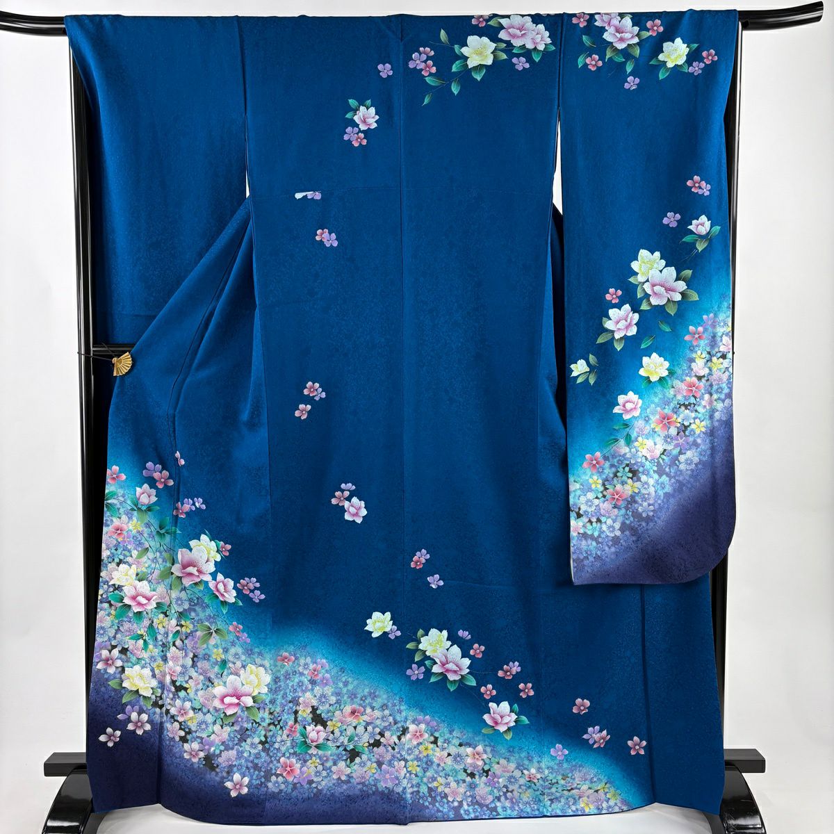 【美品】振袖禮服 身長167.5cm 袖長66cm M 雙層 草花紋紋 地紋 金金箔 漸層 深藍 純蠶絲 名品級
