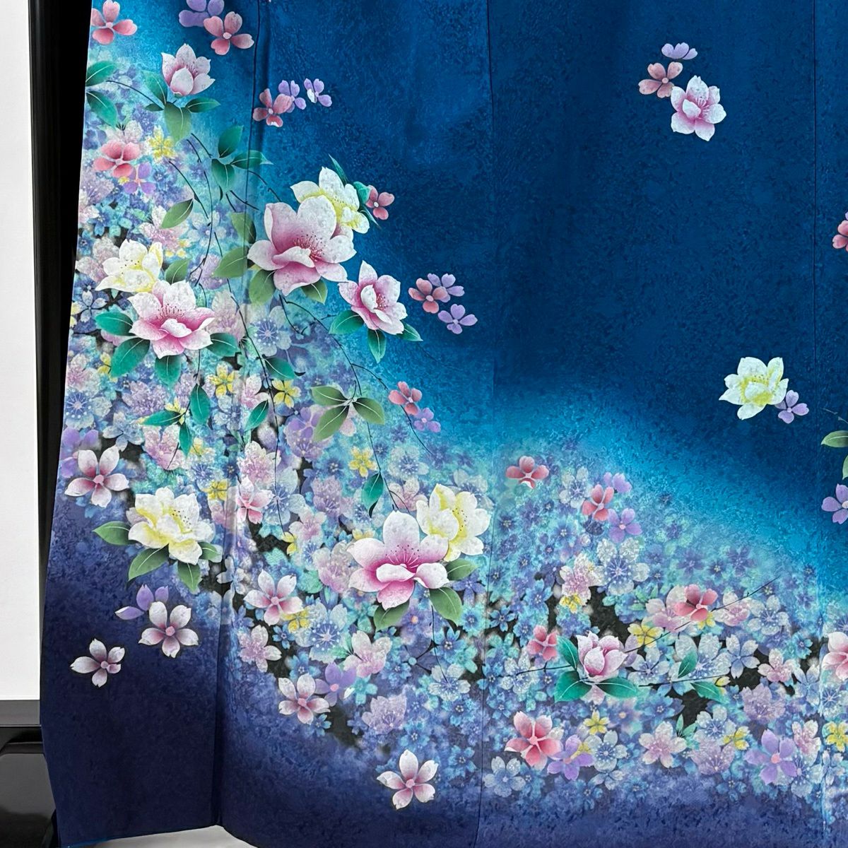 【美品】振袖禮服 身長167.5cm 袖長66cm M 雙層 草花紋紋 地紋 金金箔 漸層 深藍 純蠶絲 名品級