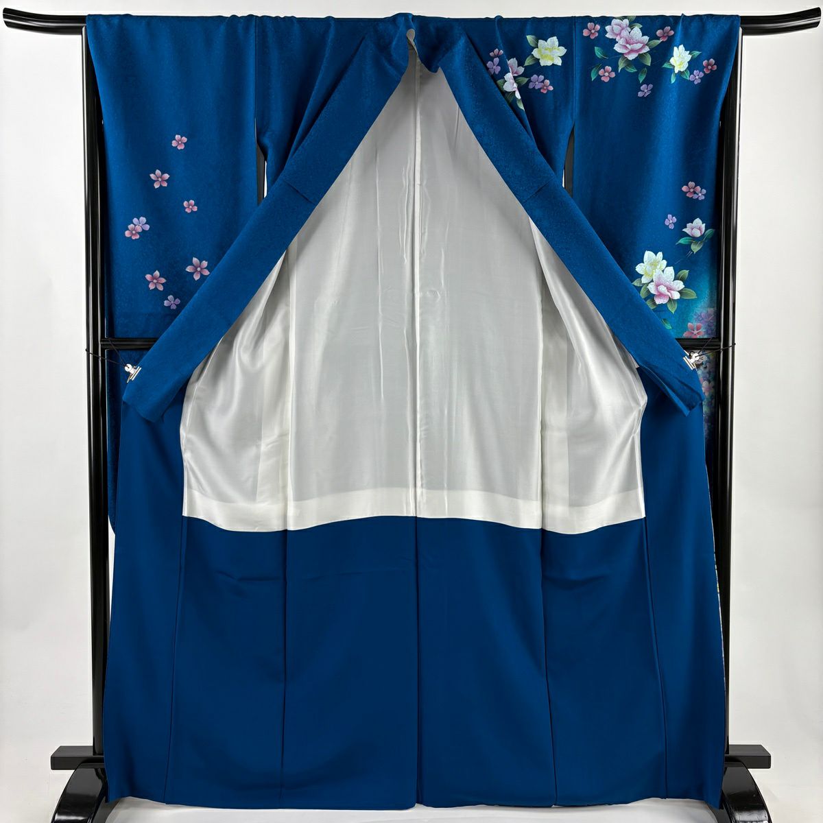 【美品】振袖禮服 身長167.5cm 袖長66cm M 雙層 草花紋紋 地紋 金金箔 漸層 深藍 純蠶絲 名品級