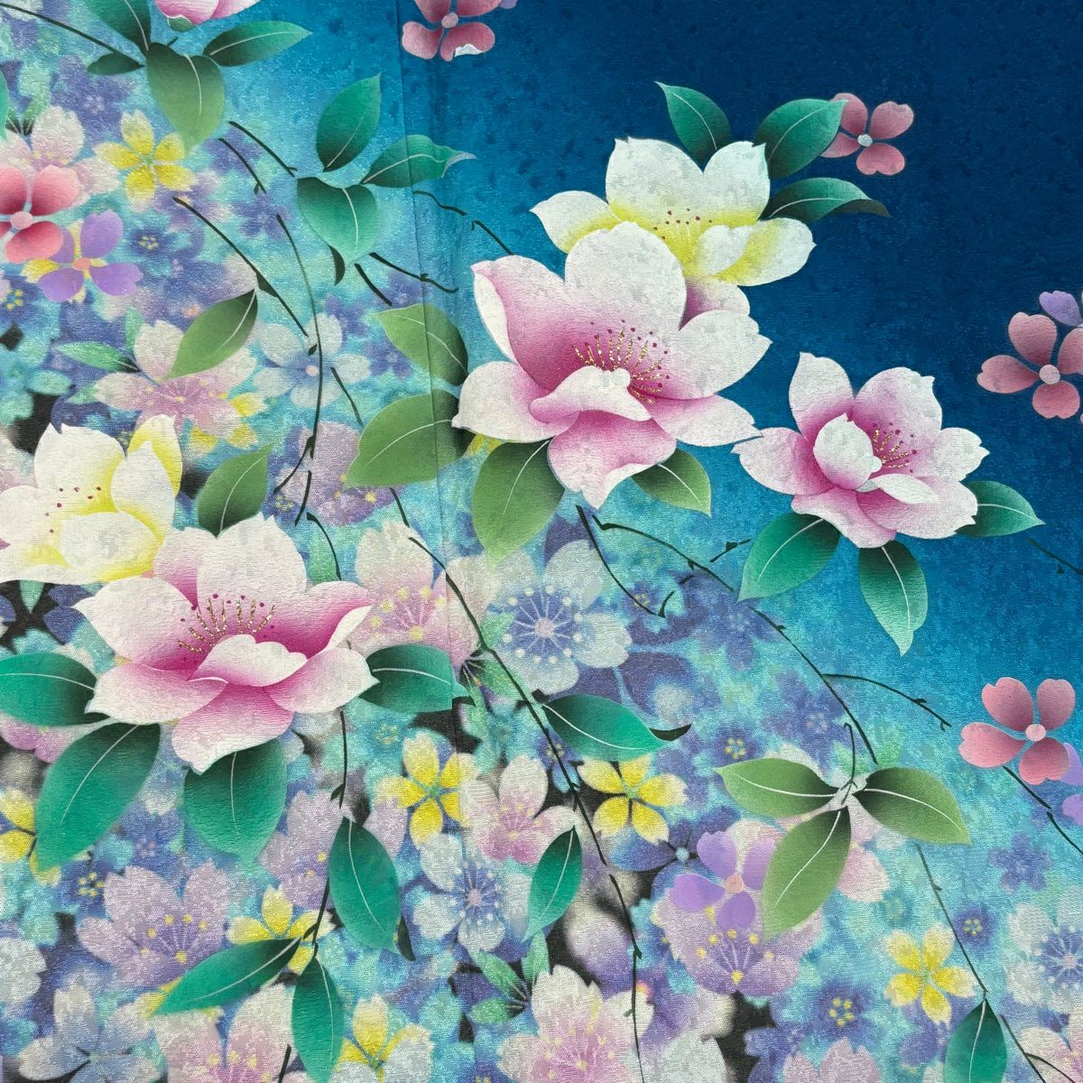 【美品】振袖禮服 身長167.5cm 袖長66cm M 雙層 草花紋紋 地紋 金金箔 漸層 深藍 純蠶絲 名品級