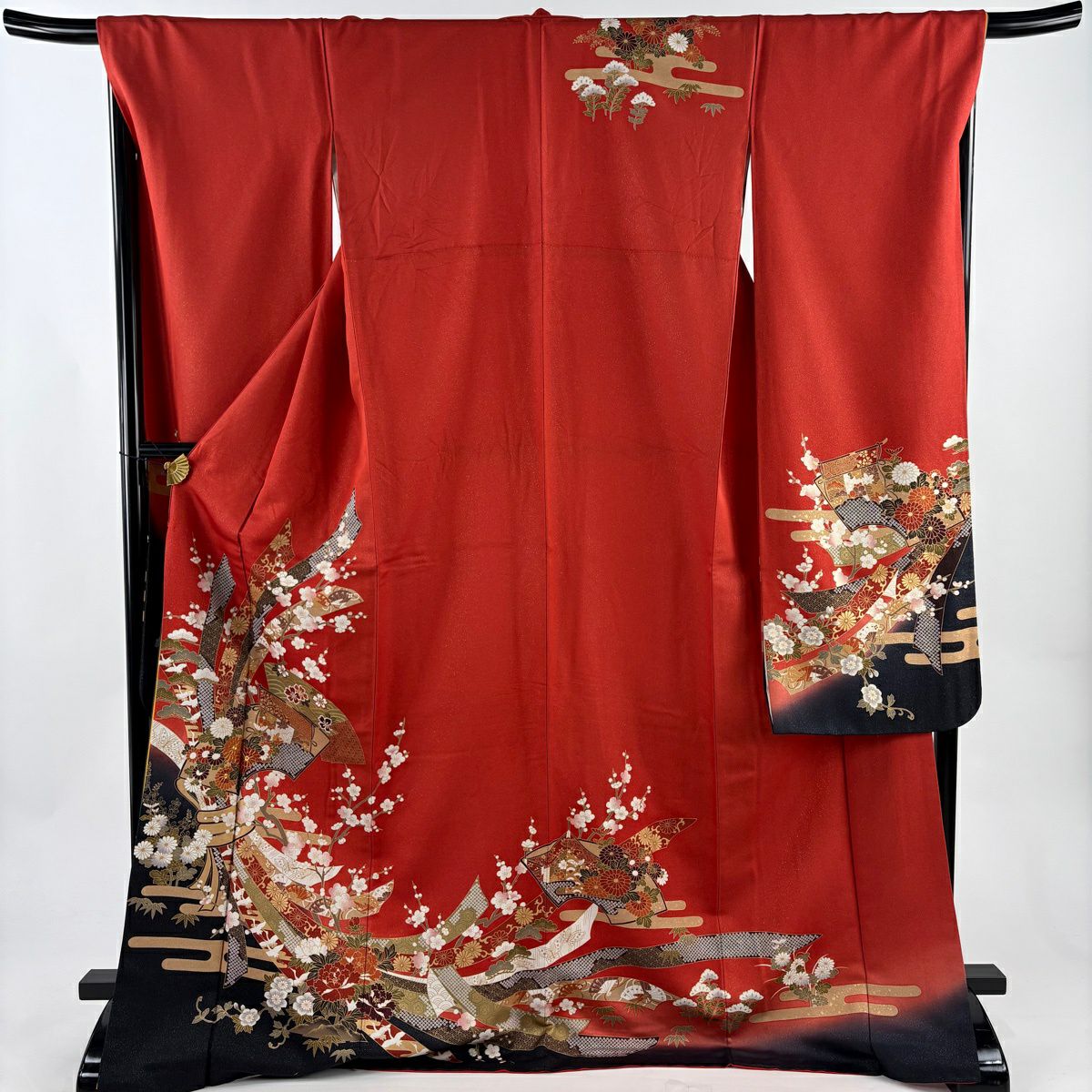 振袖禮服 身長173.5cm 袖長68.5cm L 雙層 束捲熨斗紋 松樹竹子梅花 金通 金絲 紅 純蠶絲 名品級