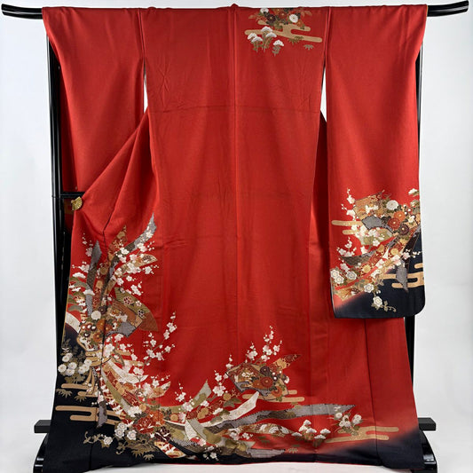 振袖禮服 身長173.5cm 袖長68.5cm L 雙層 束捲熨斗紋 松樹竹子梅花 金通 金絲 紅 純蠶絲 名品級