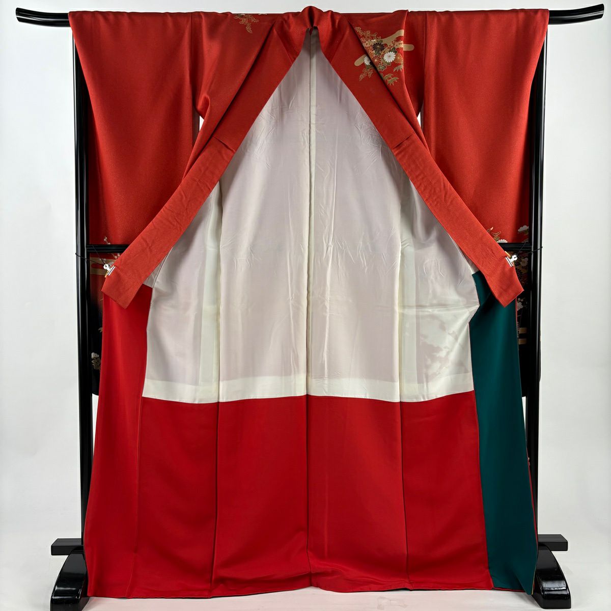 振袖禮服 身長173.5cm 袖長68.5cm L 雙層 束捲熨斗紋 松樹竹子梅花 金通 金絲 紅 純蠶絲 名品級