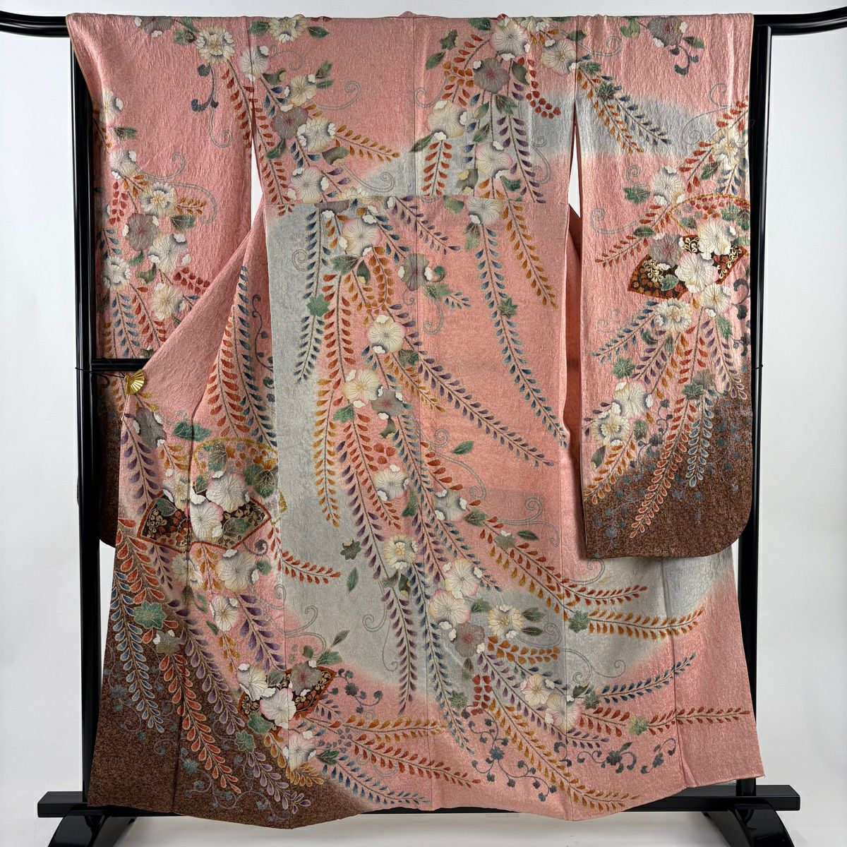 振袖禮服 身長158cm 袖長66.5cm M 雙層 扇子面 花唐草紋 金通 金銀彩 粉紅 純蠶絲 名品級