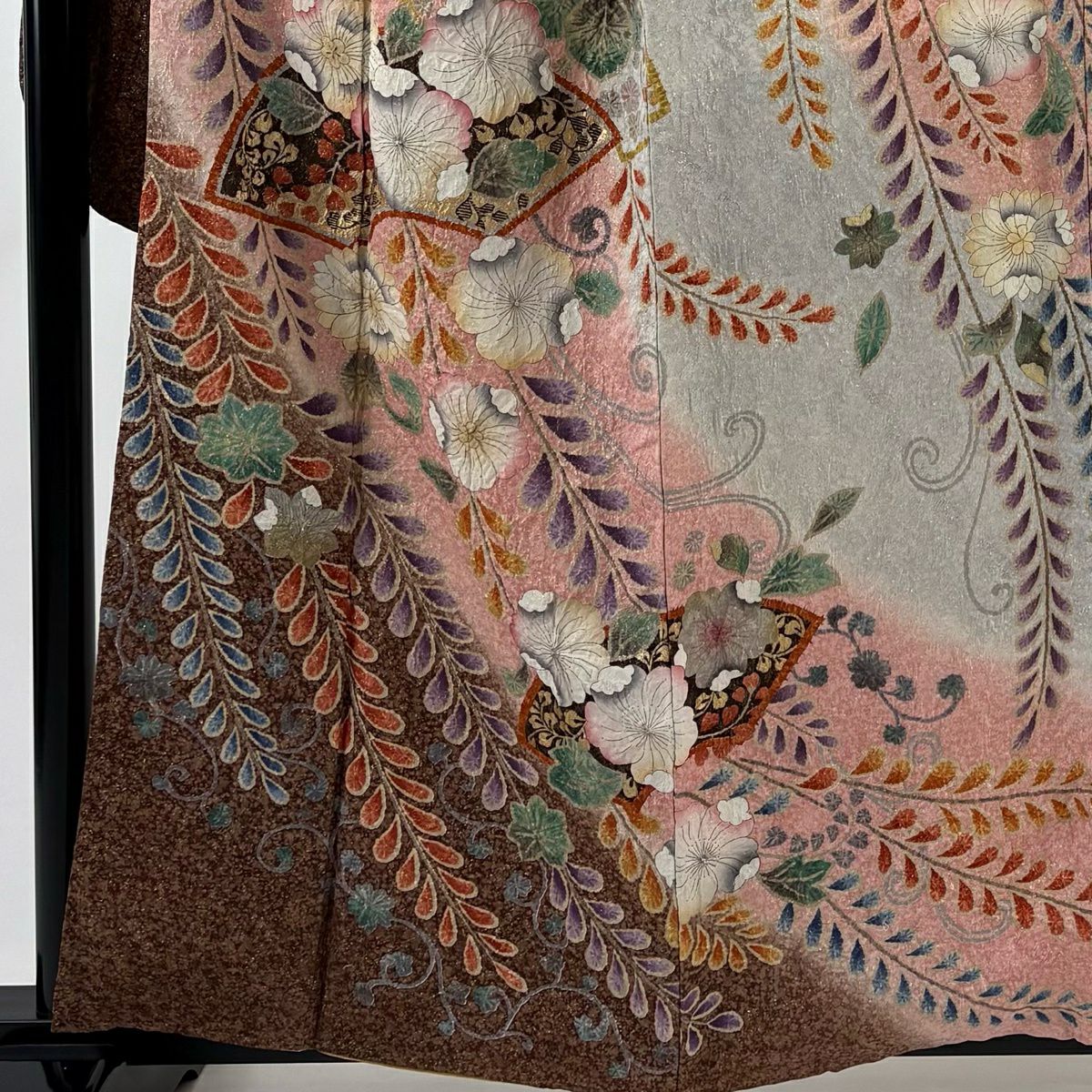 振袖禮服 身長158cm 袖長66.5cm M 雙層 扇子面 花唐草紋 金通 金銀彩 粉紅 純蠶絲 名品級