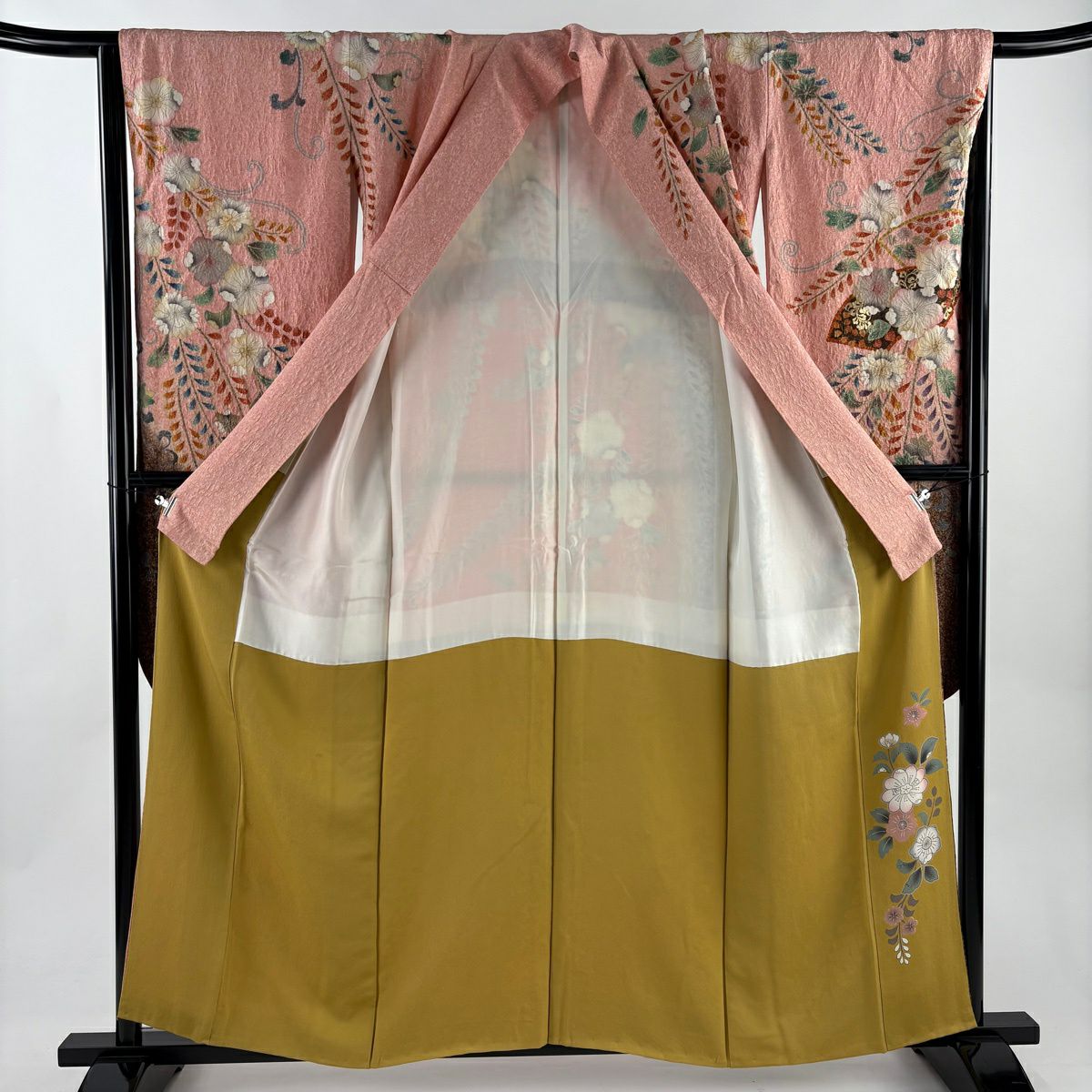 振袖禮服 身長158cm 袖長66.5cm M 雙層 扇子面 花唐草紋 金通 金銀彩 粉紅 純蠶絲 名品級