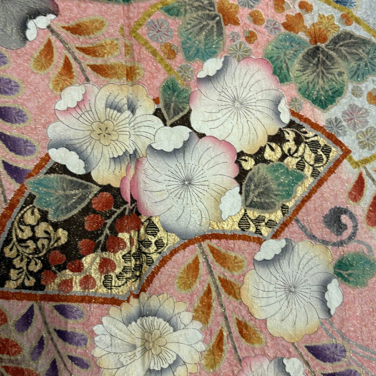 振袖禮服 身長158cm 袖長66.5cm M 雙層 扇子面 花唐草紋 金通 金銀彩 粉紅 純蠶絲 名品級