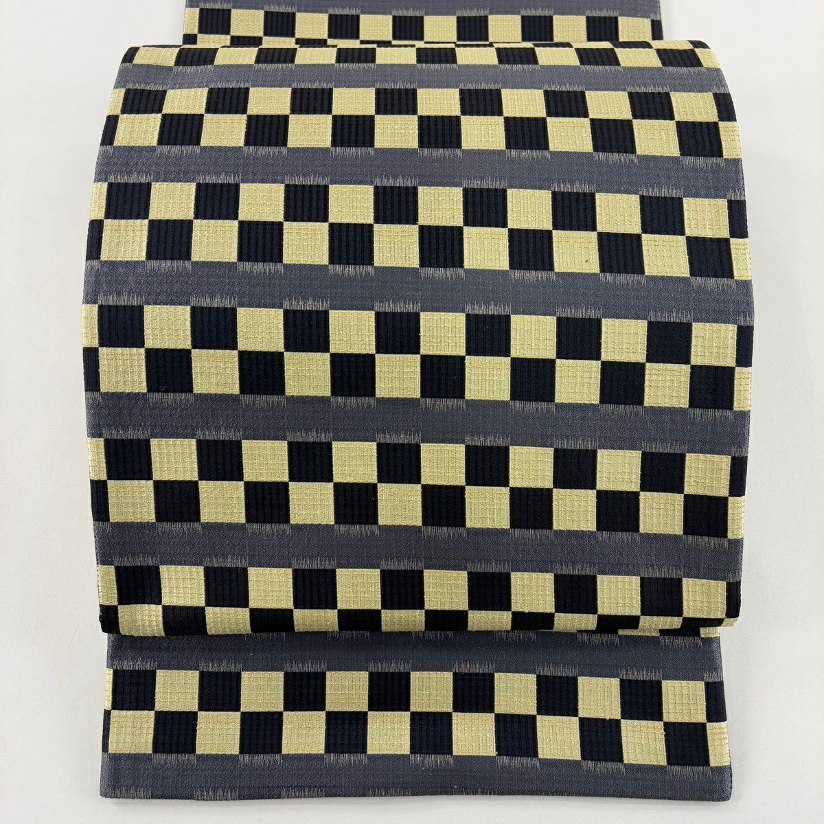 【美品】 袋帶 名品級 市松樹 縞 黑 全通 純蠶絲
