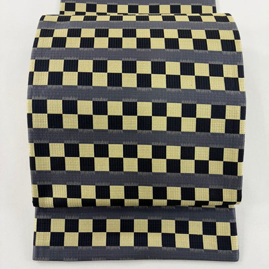 【美品】 袋帶 名品級 市松樹 縞 黑 全通 純蠶絲