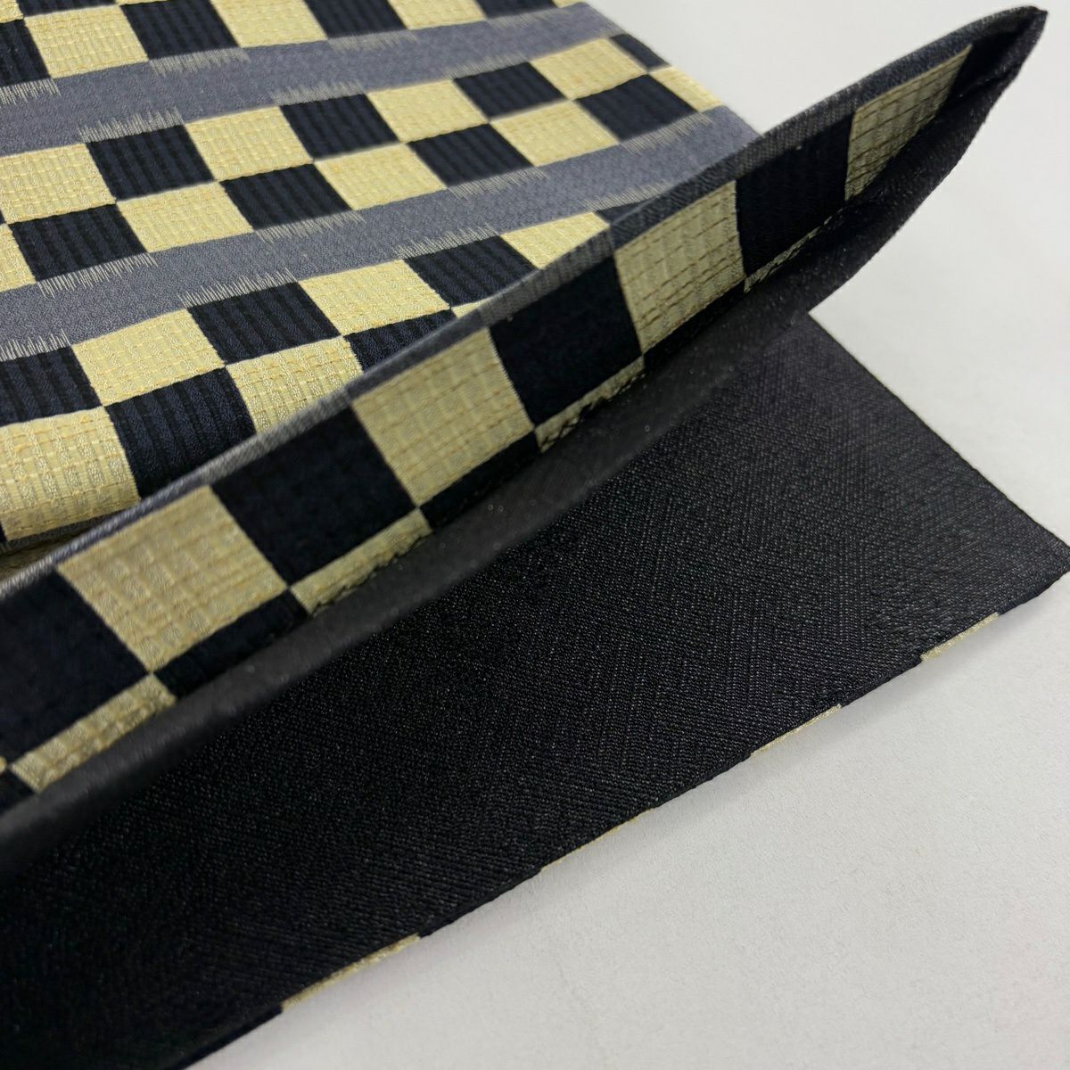 【美品】 袋帶 名品級 市松樹 縞 黑 全通 純蠶絲