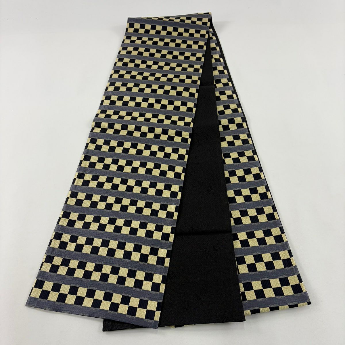 【美品】 袋帶 名品級 市松樹 縞 黑 全通 純蠶絲