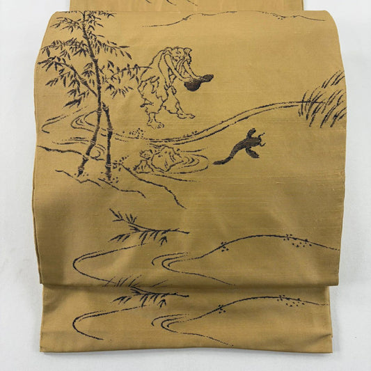 袋帶 名品級 人物 流水 黃土 茶色 正蠶絲