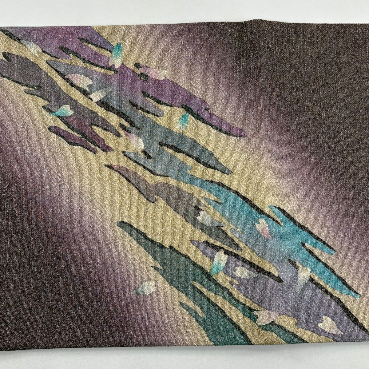 【美品】 袋帶 名品級 霞 花瓣 金銀絲 漸層 小豆色 大鼓圖案 純蠶絲
