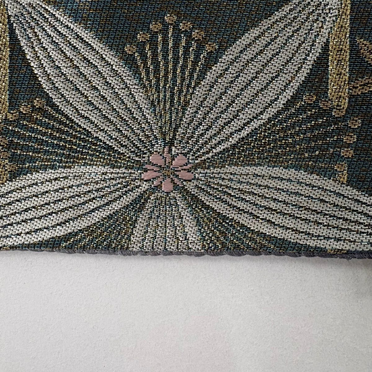 袋帶 名品級 花 格子 金金箔 金銀線 灰綠 六通 純蠶絲