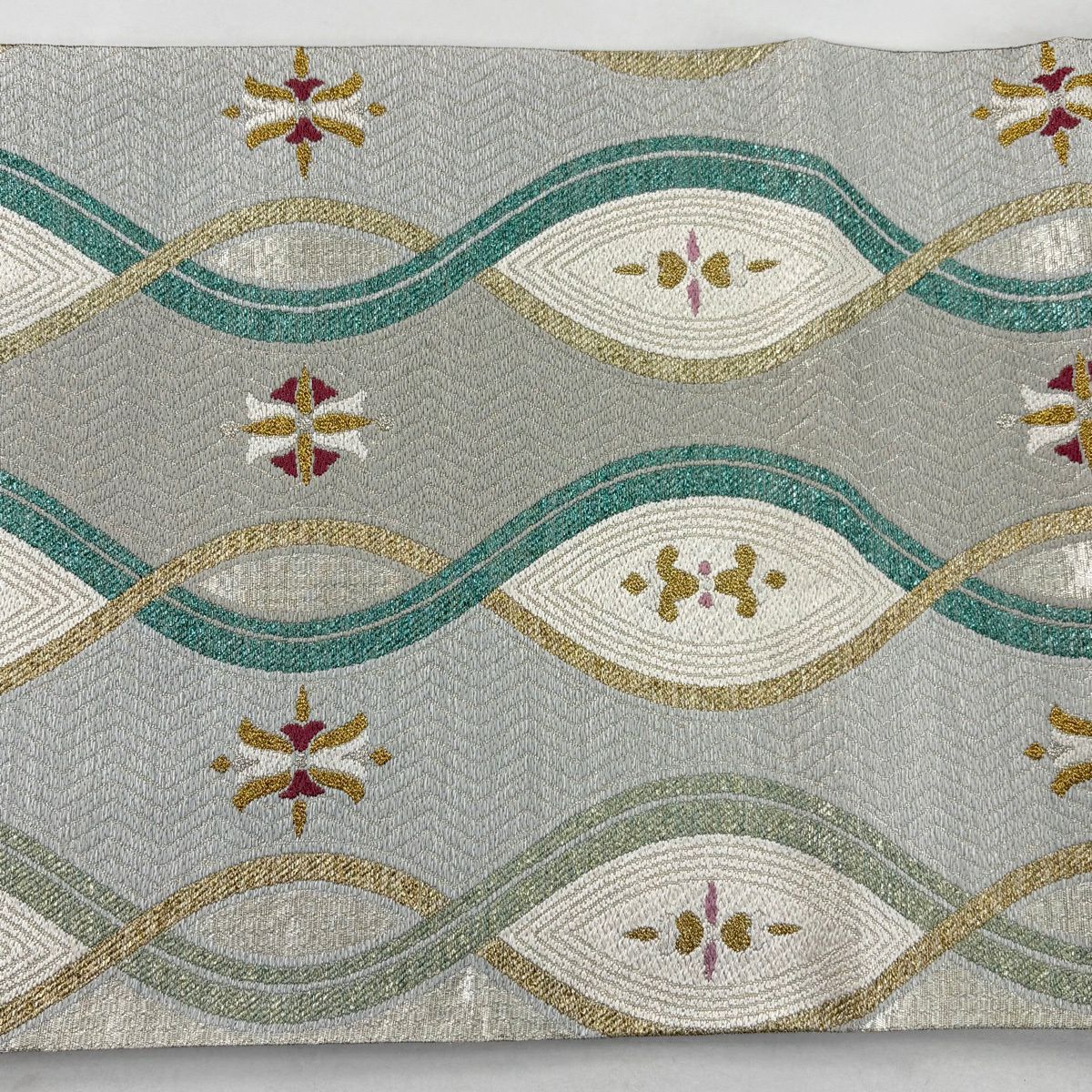 【美品】 袋帶 名品級 立涌 華紋 金金箔 銀絲 淺綠 六通 純蠶絲