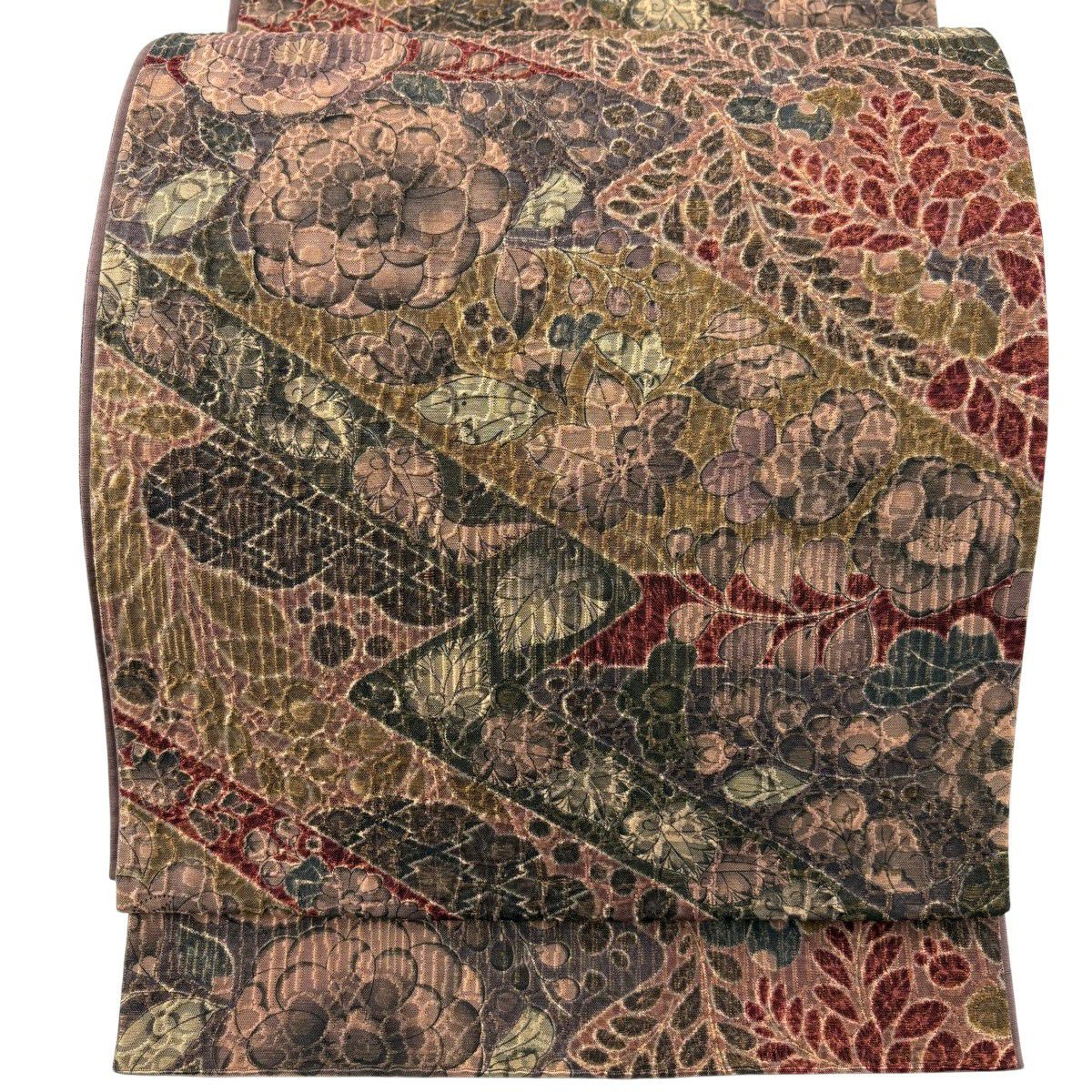 【美品】 袋帶 名品級 草花紋紋 松樹皮菱 金糸 茶 全通 純蠶絲
